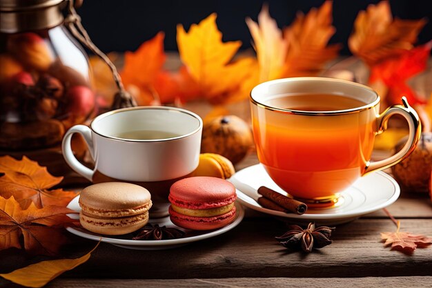 Macarones franceses con temática de otoño con té caliente, regalo de Halloween, comida de Acción de Gracias, pañuelo de calabazas, otoño y diciembre.