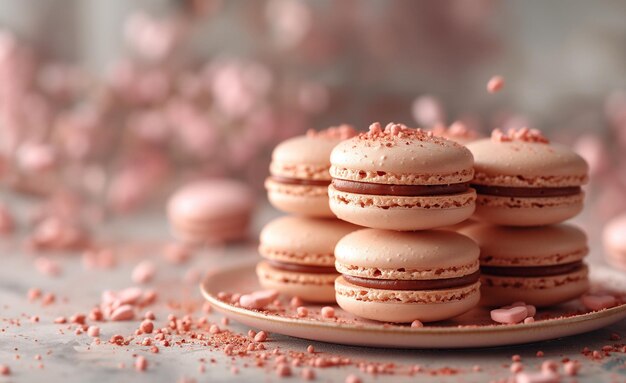 Macarones rojos con salpicaduras en un plato de porcelana