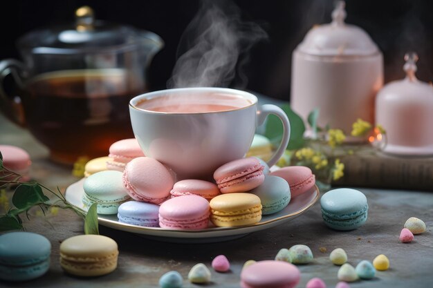 Macarones con taza de té generados por Ai