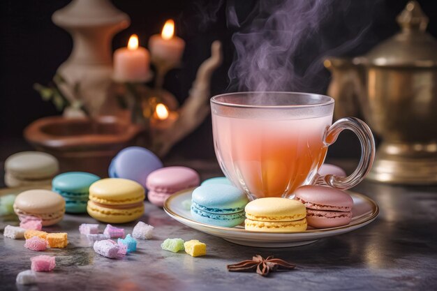 Macarones con taza de té generados por Ai