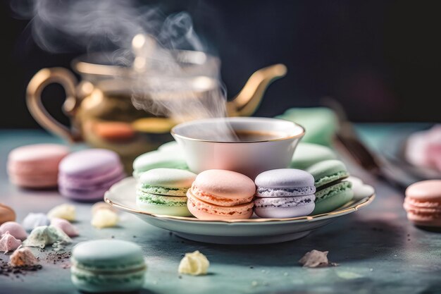 Macarones con taza de té generados por Ai