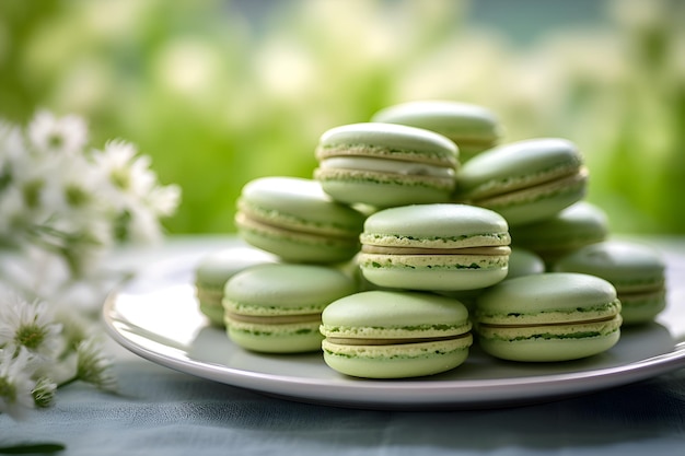 Macarones de té verde matcha en un plato con una rama de flores de suero sobre un fondo natural borroso Macarones del pistacho con crema en polvo de matcha postre de matcha