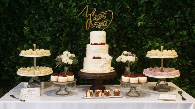 Macarones tiramisu y panna cotta en el dulce buffet de la boda