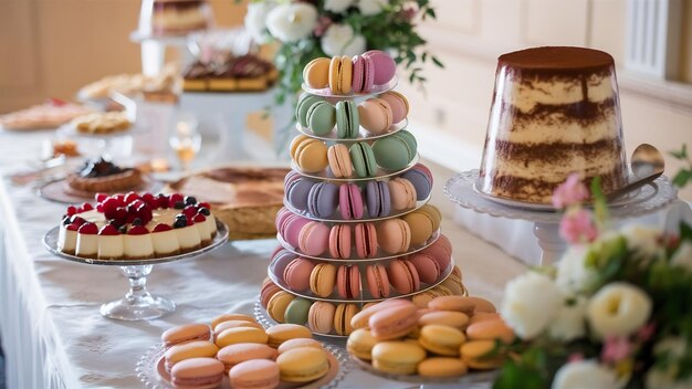 Macarones tiramisu y panna cotta en el dulce buffet de la boda