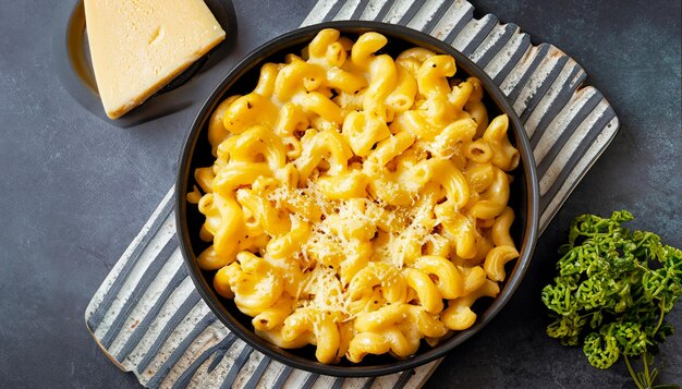 Macaroni Mac y queso horneado con queso concepto de alimento básico clásico estadounidense