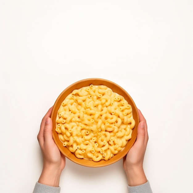 Macaroni und Käse in der Hand Top-View weißer Hintergrund generative KI