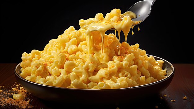 Macaroni voller geschmolzenem Käse mit leckeren Kräutern auf einem schwarzen und verschwommenen Hintergrund