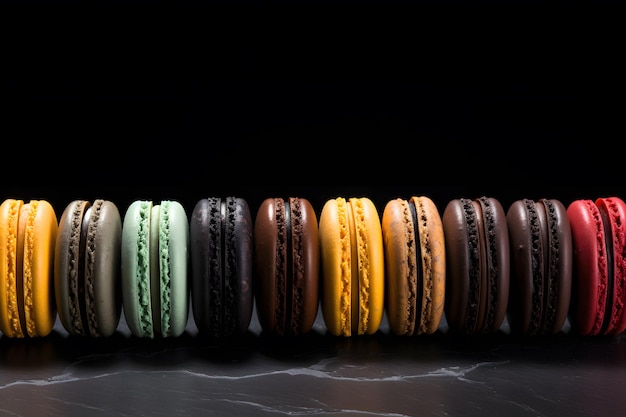 Macarons alineados con diferentes colores sobre una mesa negra