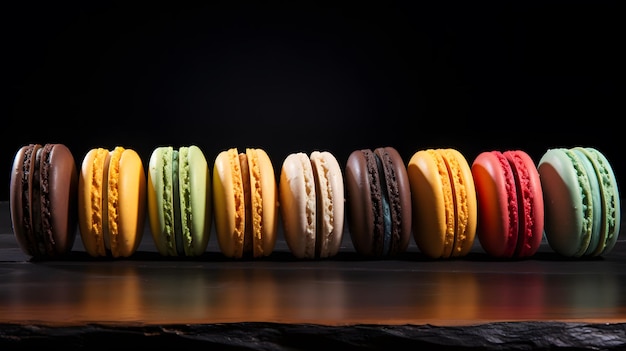 Macarons alinhados com cores diferentes em uma mesa preta