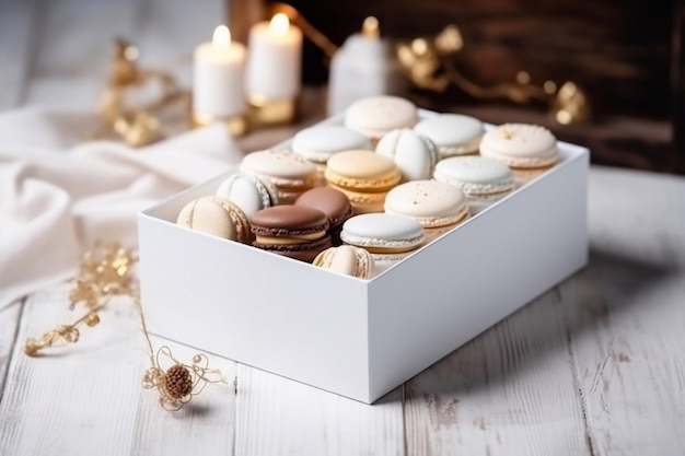 Macarons brancos em uma caixa Presente Macarons Generative AI