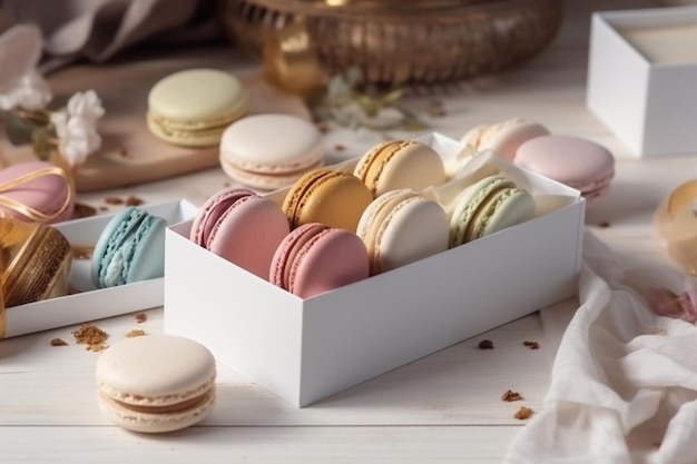 Macarons brancos em uma caixa Presente Macarons Generative AI