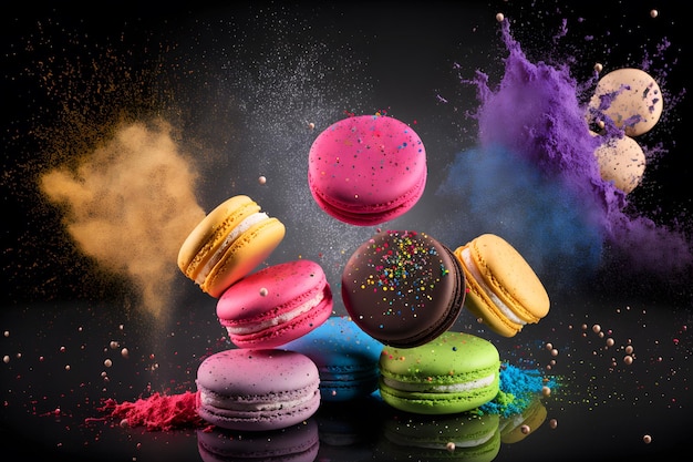 Macarons coloridos com momento de explosão de açúcar em pó em arte gerada por rede neural de fundo preto