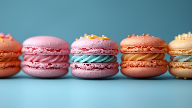 macarons coloridos em fila em fundo azul conceito de sobremesa francesa