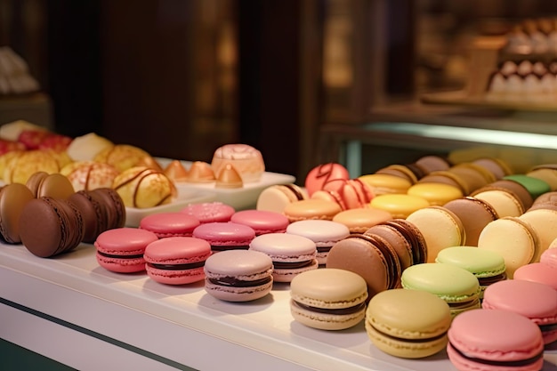 Macarons coloridos franceses tradicionais no balcão de uma loja de doces Ai generative