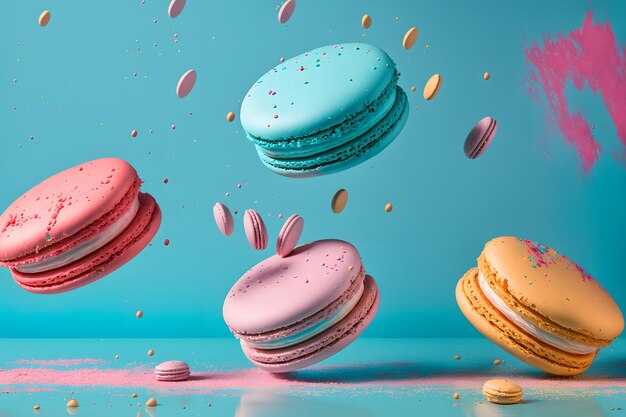 Macarons coloridos con momento de explosión de polvo de azúcar sobre fondo azul Arte generado por red neuronal