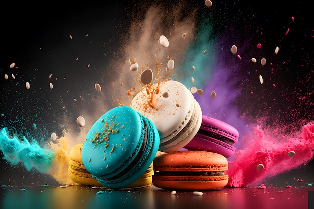 Macarons coloridos con momento de explosión de polvo de azúcar sobre fondo negro Arte generado por red neuronal