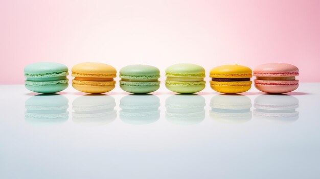 Macarons coloridos vibrantes Superfície reflexiva Saborosa Sobremesa francesa Doce Guloseima Gourmet IA generativa