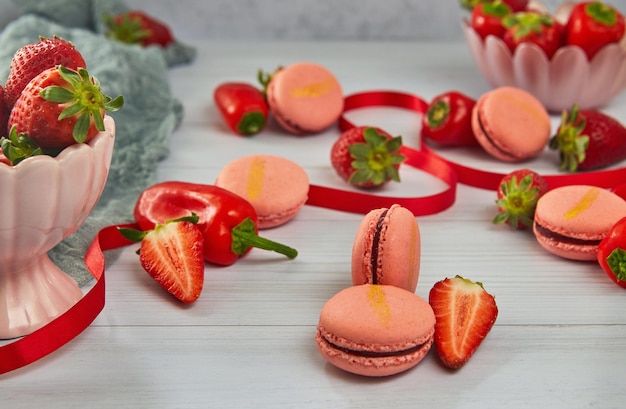 Macarons de morango de cor rosa com morangos e pimentas na luz de fundo de madeira