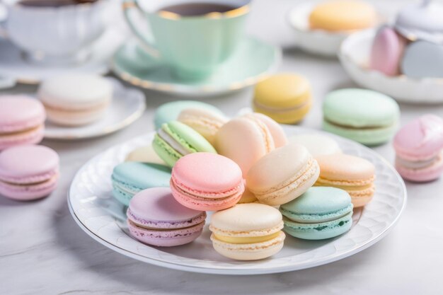 Macarons e scones em tons pastéis em pratos brancos criados com ai generativa