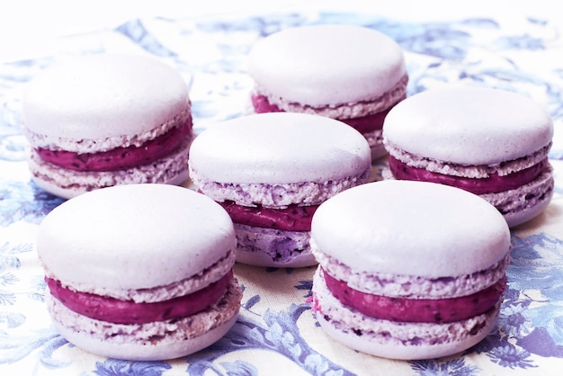 Macarons franceses com cranberries no guardanapo azul - imagem das ações