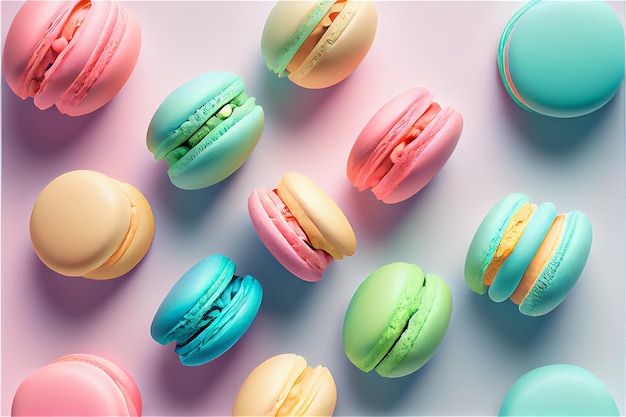 Macarons franceses de cor pastel em uma IA generativa de fundo colorido