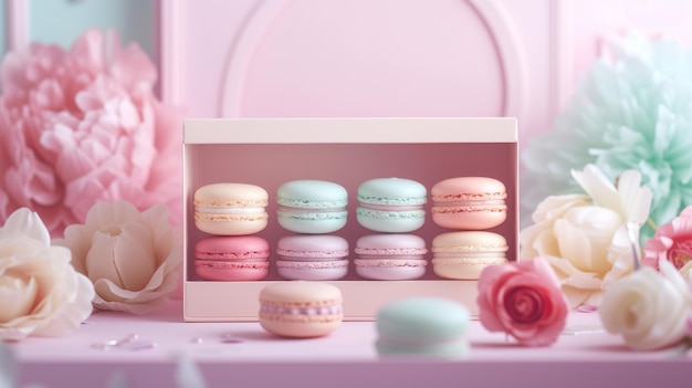 Macarons in einer Schachtel auf rosa Hintergrund Pastellfarben