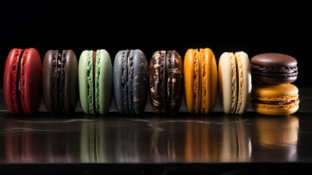 Macarons in verschiedenen Farben auf einem schwarzen Tisch