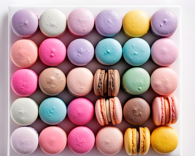 Macarons mit verschiedenen Geschmacksrichtungen, die farbenfroh und künstlerisch dargestellt sind. Generative KI