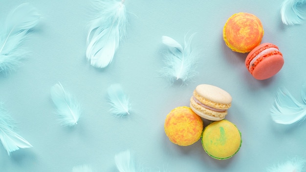 Macarons multicolores con plumas azules sobre fondo azul.