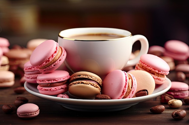 Macarons pastel em torno de uma xícara de café