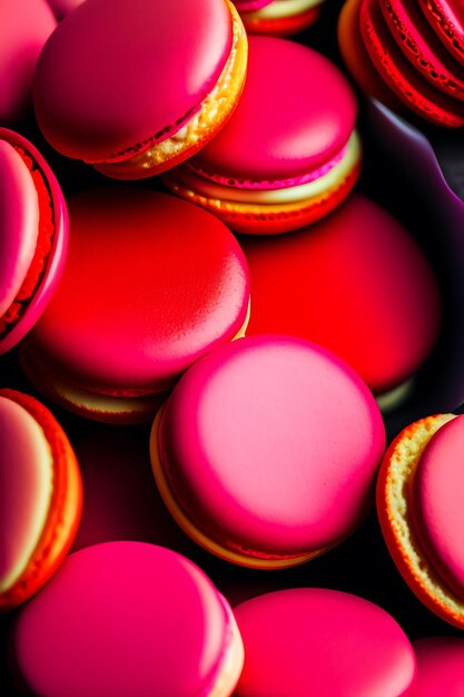 Macarons rojos y rosados Primer plano Fondo rojo Día de San Valentín