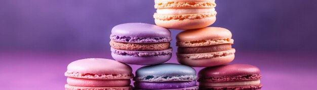 Macarons stehen auf einem weißen, violetten Hintergrund mit breitem Panorama und generativer KI