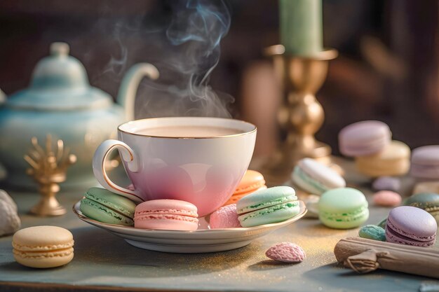 Macarons con taza de té ai generado