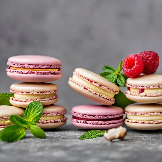 Macarons de vainilla sobre una superficie gris con vainas de vainilla, menta y frambuesa y etiquetas vacías de postre francés