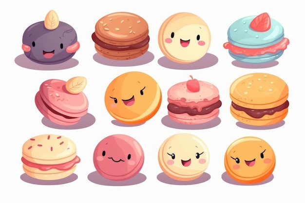 Macarons variados em estilo cartoon sobre fundo branco gerado por IA