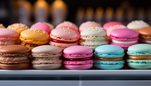 Macaroons coloridos em uma fileira em uma prateleira em uma padaria