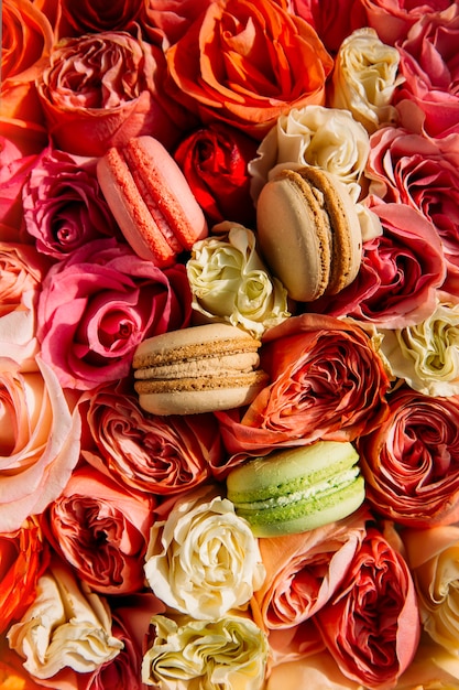 Macaroons em um fundo de flores