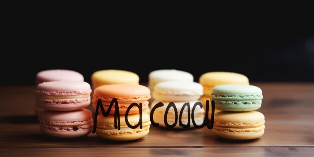 Macaroons estão em uma mesa com um que diz macu.