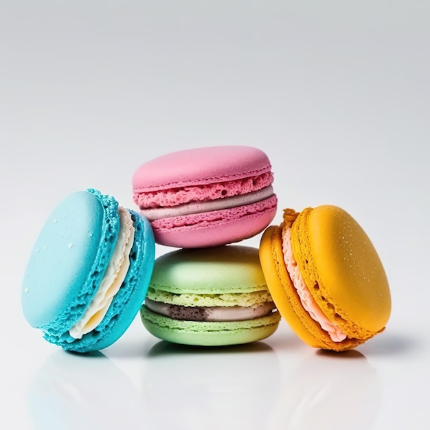 Macaroons franceses doces em uma sobremesa de fundo branco Generative AI