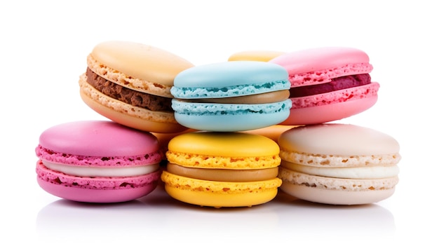 Macaroons franceses doces em uma sobremesa de fundo branco