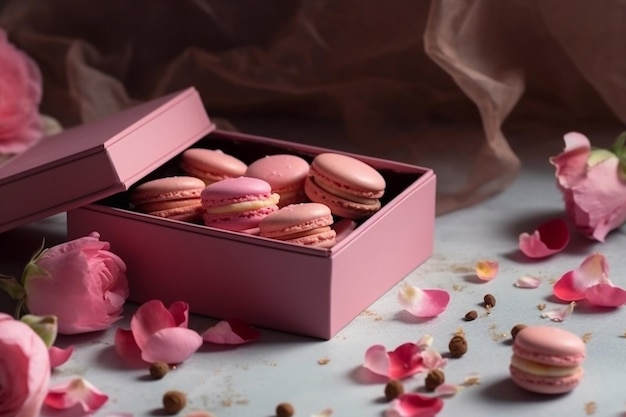 Macaroons rosa delicados em uma embalagem romântica generative ai