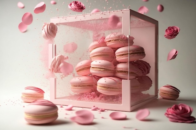 Macaroons rosa delicados em uma embalagem romântica Generative AI