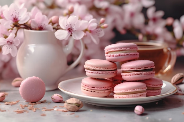 Macaroons rosa em um prato ao lado de uma xícara de amêndoas