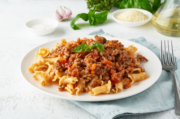 Macarrão à bolonhesa campanela com recheio picado e molho de tomate