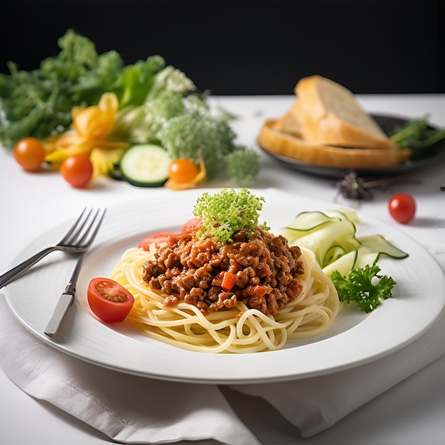 Macarrão à bolonhesa com molho de tomate em um prato comida italiana AI gerada