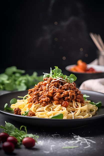 Macarrão à bolonhesa com molho de tomate em um prato comida italiana AI gerada