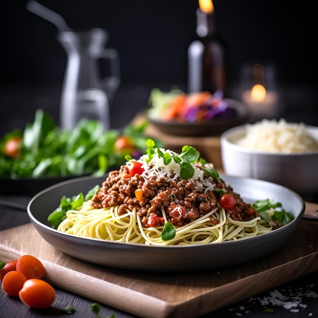 Macarrão à bolonhesa com molho de tomate em um prato comida italiana AI gerada