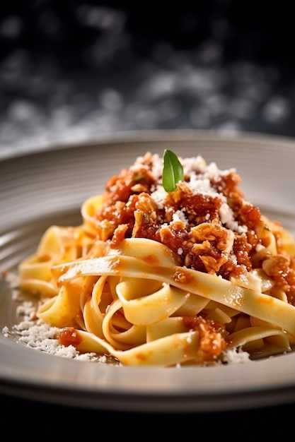 macarrão arafado com carne e molho em um prato branco generativo ai