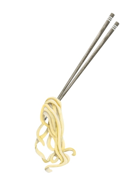 Macarrão chinês com ilustração em aquarela de pauzinhos em espaguete de macarrão branco para receita, menus