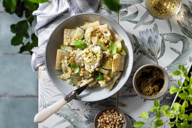 Macarrão com abobrinha ao molho pesto e queijo ricota